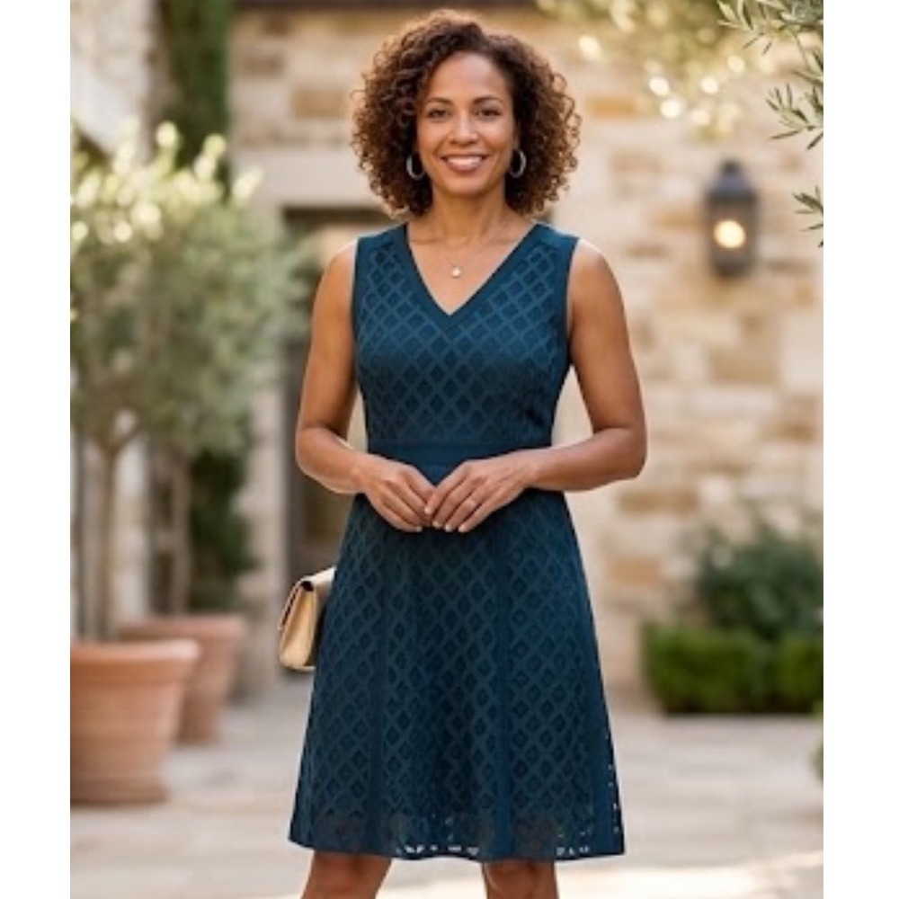 Tory Burch | 100% Silk Teal Blue Diamond Burnout V-Neck Sleeveless Dress, 8